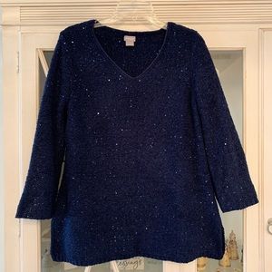 Chico’s Sequin Size 1 Blue V-neck pullover sweater